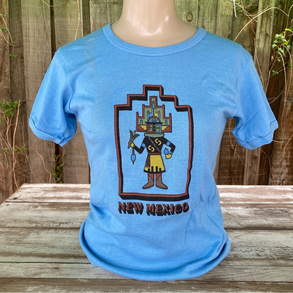 Vintage 70’s New Mexico tourist t-shirt, blue, southwest kachina doll cap sleeve